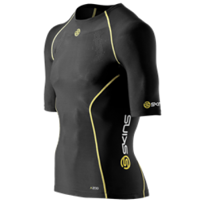 Skins A200 Mens Top Short Sleeve - Kompressionströja - Black/Yellow