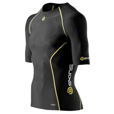 Skins A200 Mens Top Short Sleeve - Kompressionströja - Svart/Gul - Utförsäljning