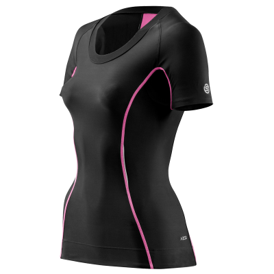 Skins A200 Womens Top Short Sleeve - Kompressionströja - Svart/Rosa - Utförsäljning